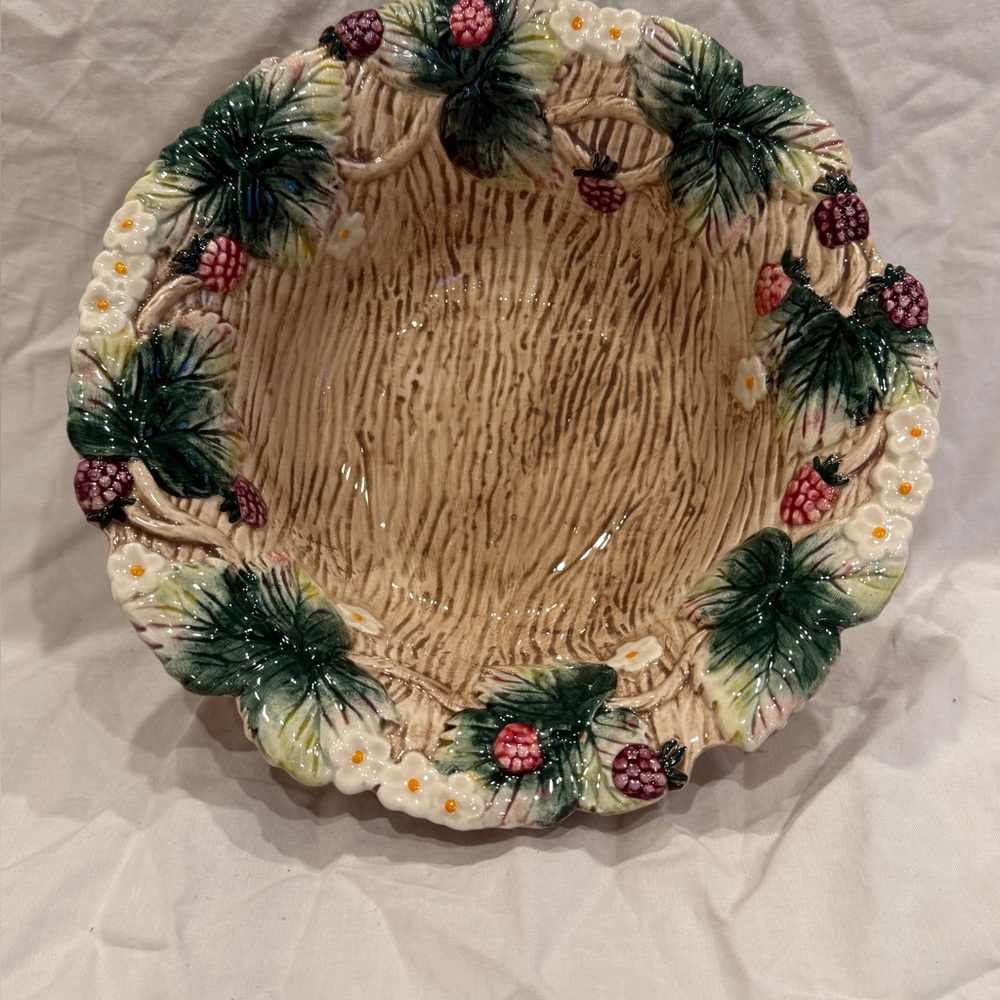 Vintage Fitz And Floyd 1990 Fairy Berry Garden Floral Print Wood Look Bowl